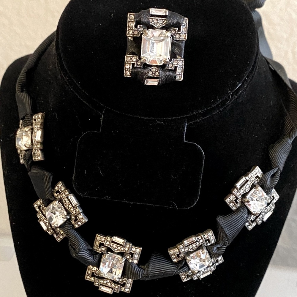 Stella & Dot Art Deco style crystal & black ribbon choker with matching ring
